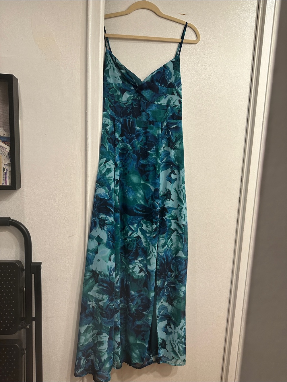 Lulu's Teal & Navy Floral Satin Slip Dress